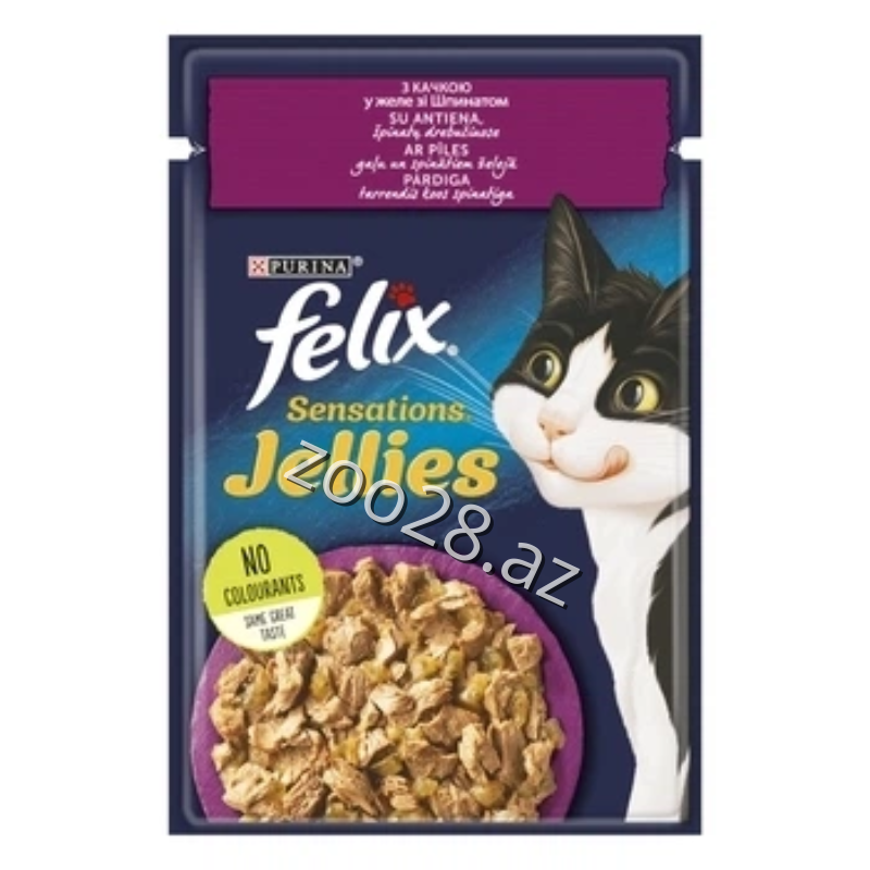 Felix Sensations Ördək Əti və İspanaq ilə Jele, 85 qr - Pişiklər | Zoo28.az